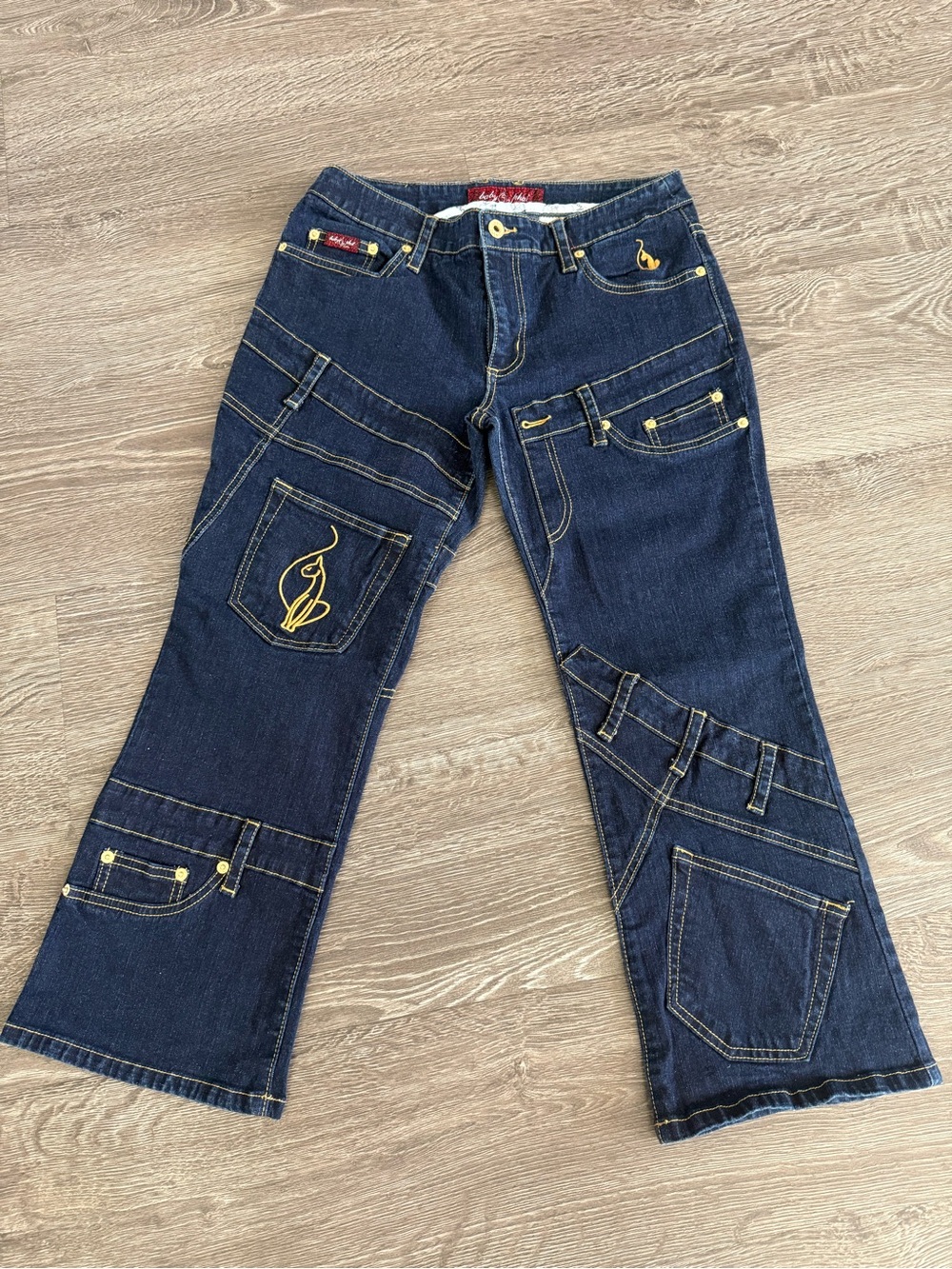 Baby Phat Dark Blue Patchwork cropped Jeans with Yellow Embroidery jeans